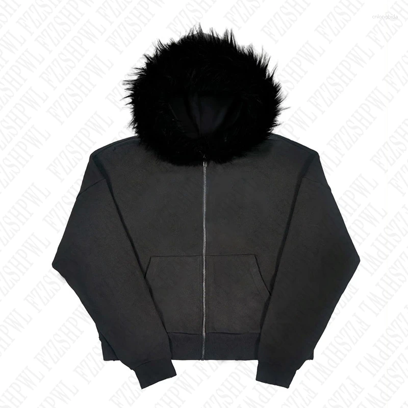 Men's Hoodies Zip Up Hoodie Solid Color Plush Coat Men Clothes Fur Collar Hip Hop Streetwear Harajuku American Style Hooded Sweatshirt