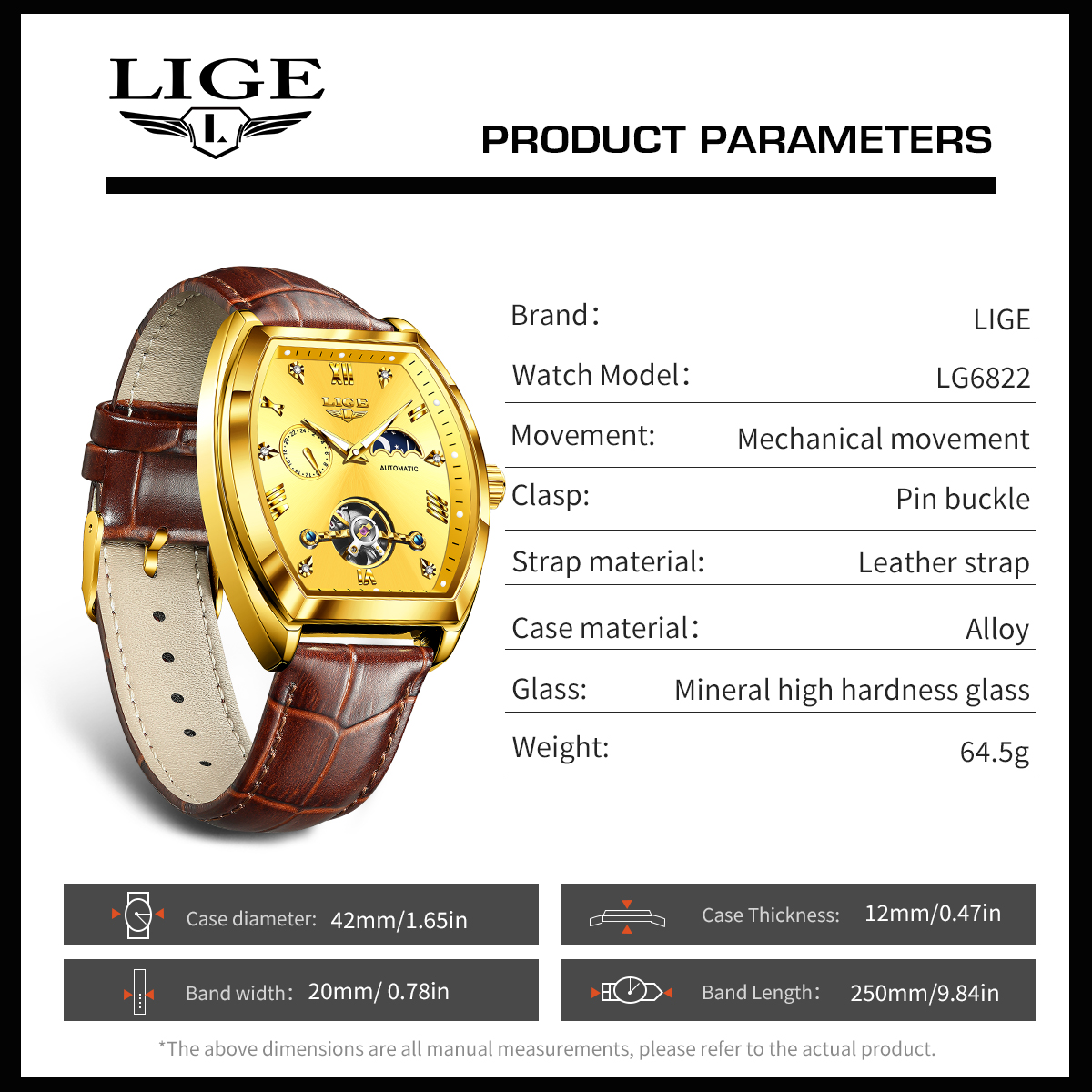 LIGE Men's Tourbillon Mechanical Watch Multi functional Waterproof Night Light Watch Fashion Business Watch