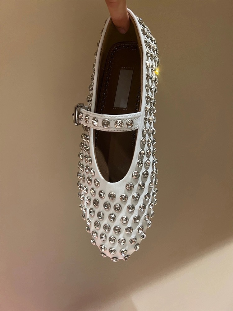 High Edition 2024 New Genuine Leather Round Head Water Dia Rivet Mary Jane Single Women's Flat Bottom Comfortable Ballet Dance Shoes 250305