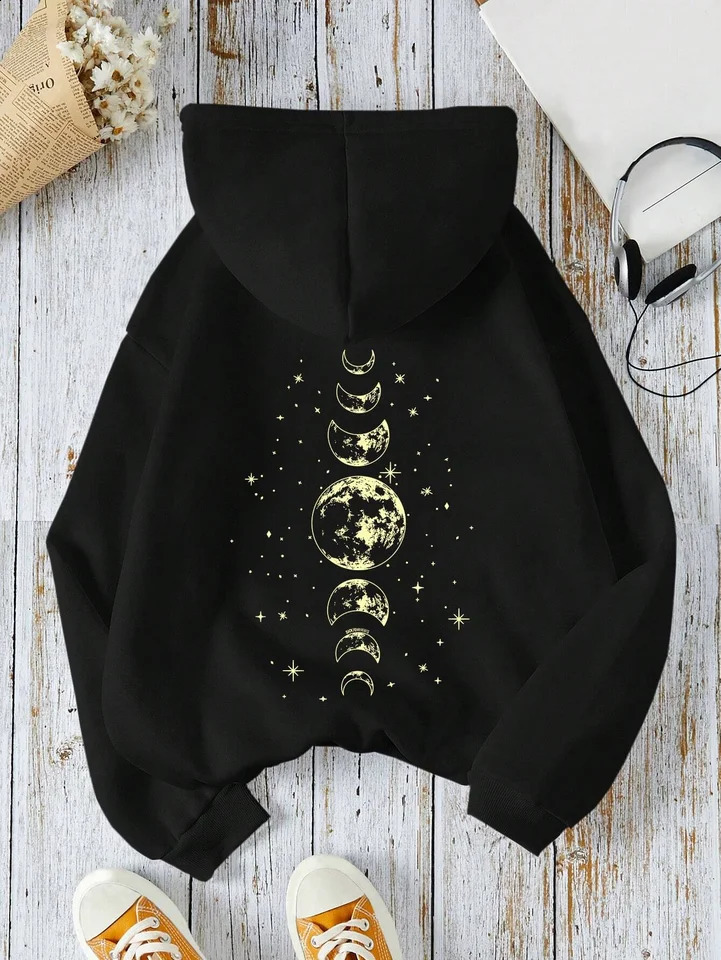 hoodies with different moon prints front and back printed casual fashionable Y2K womens clothing high street 250121