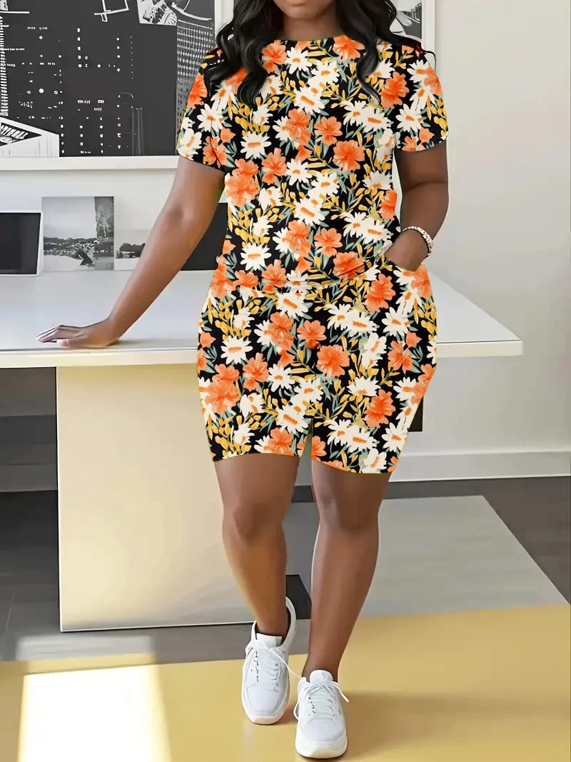 Plus Size Summer Womens Fashion Set Casual Loose Floral Element Print Thin Round Neck Short Sleeved Shorts 250122