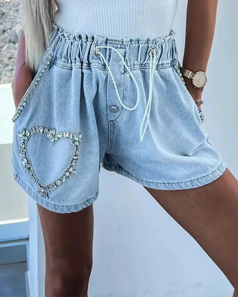 Rhinestone Heart Pattern Drawstring Denim Shorts Women Fashion Spring Summer Jeans Shorts Pants 250122