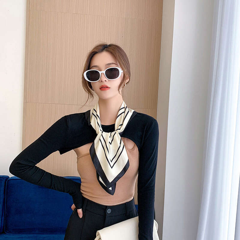 Scarves, high-end black and white striped prints, simulated silk 70 small square scarves, Instagram style, minimalist gift box scarves