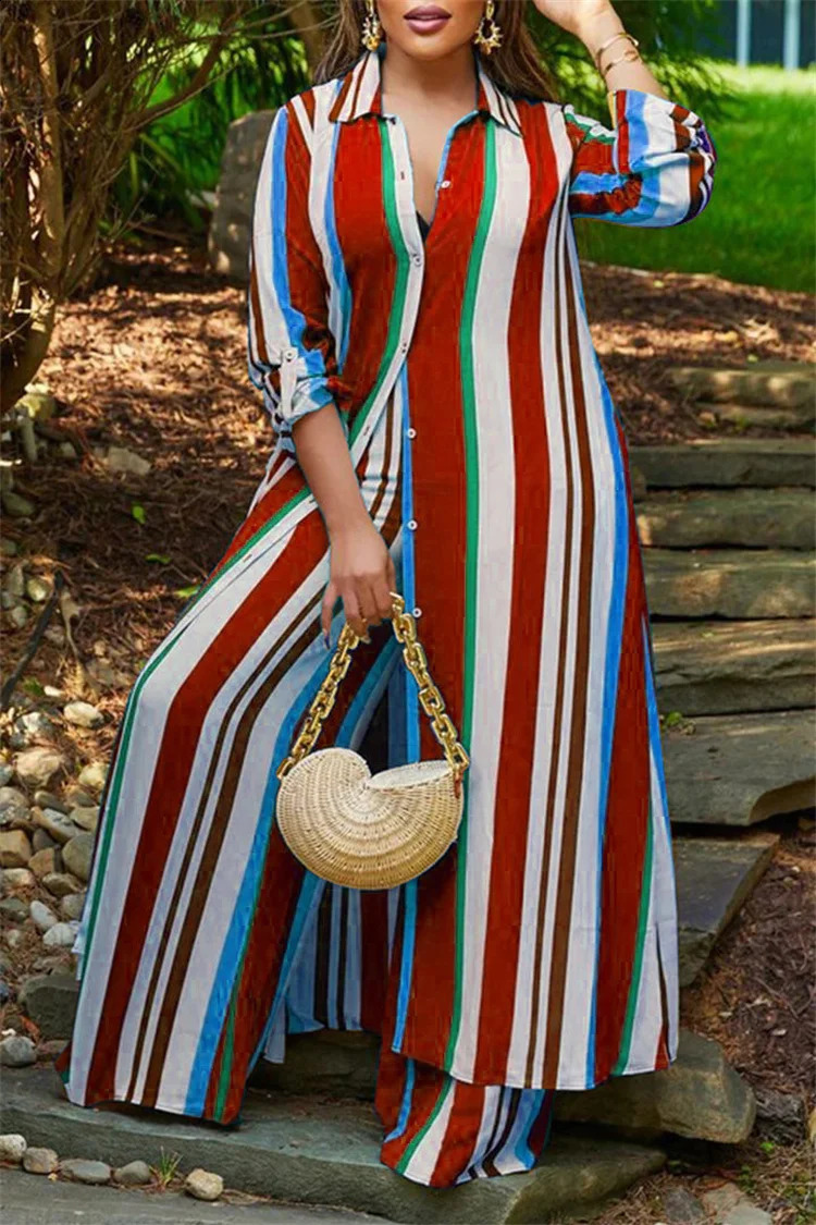 Plus Size Striped Print Suit Women Chubby Long Blouse Crop Top 2023 Autumn Female Elegant Cloth Two Piece Matching Set 250122