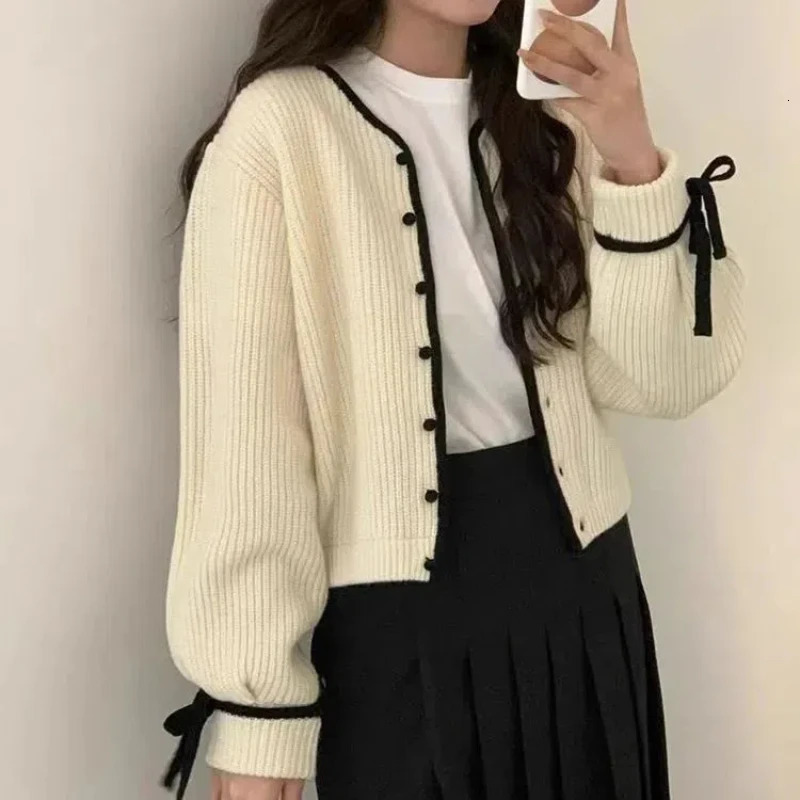 Vintage Sweet AutumnWinter Sweaters Coat Womens ONeck Bow Button Korean Fashion Casual Long Sleeve Cardigan Knitted Tops 250109Z