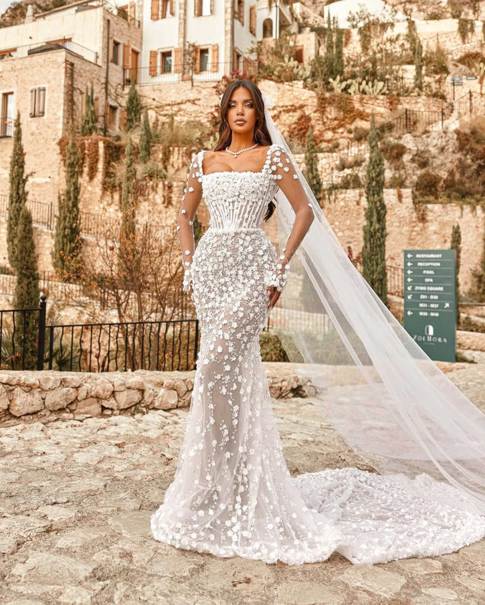 Mermaid Wedding Dress with Square Collar, Long Sleeves, 3D Appliques & Detachable Train - Customizable, See Through