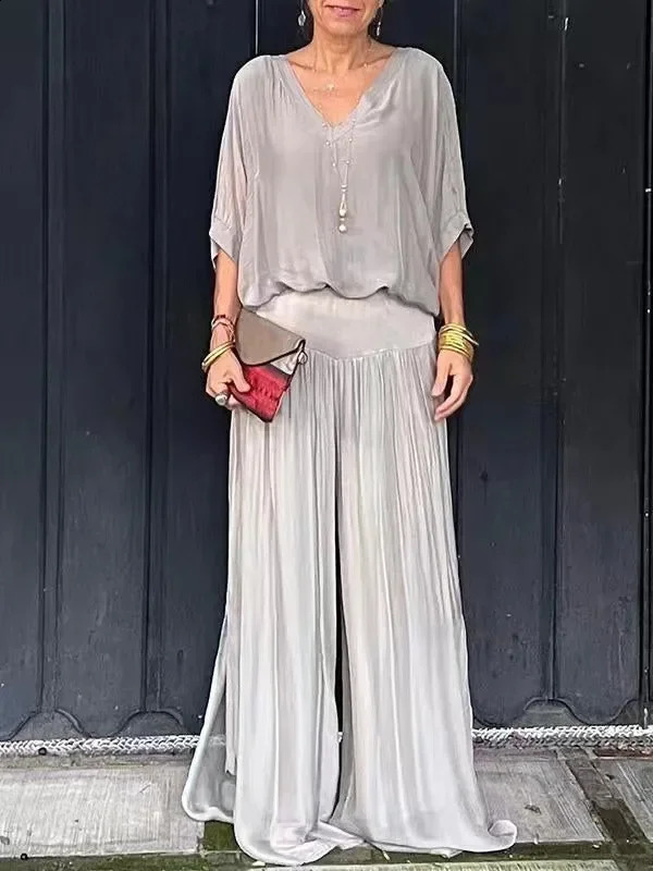 2025 Spring Chiffon Women Rompers V-neck Short Sleeve Loose Wide-Leg Rompers Female Summer Elegant Casual Trendy Ladies Clothes 250116