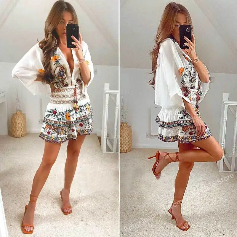 BOHO INSPIRED floral embroidery boho dress V-neck batwing sleeve dress women elastic waist pleated chic holiday party dress 250121