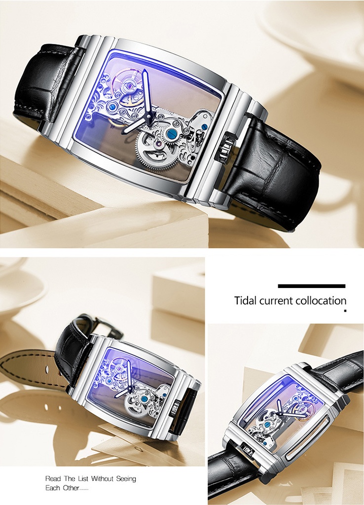 Desda's new barrel-shaped net celebrity square transparent full hollow flywheel mechanical waterproof watch free shipping