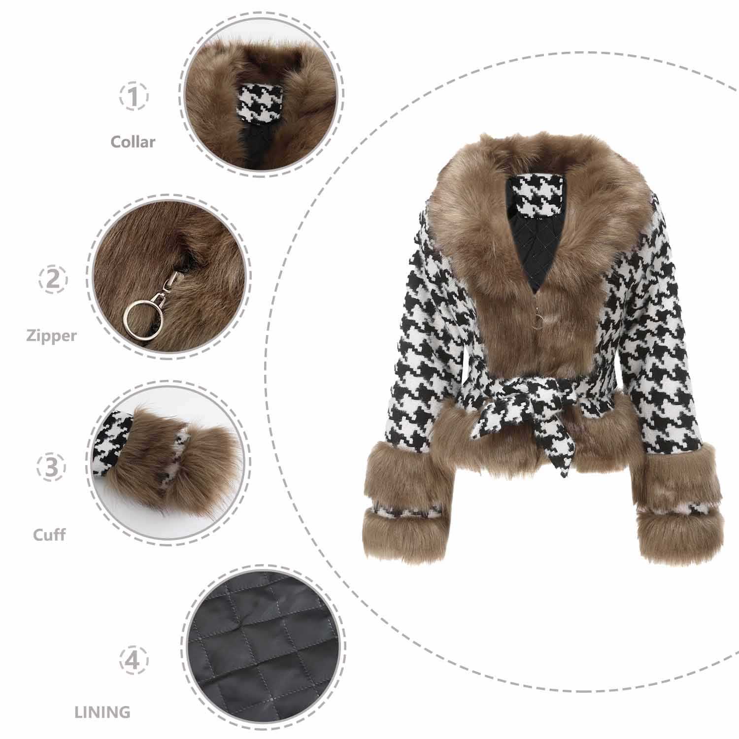 Womens Autumn and Winter Plaid Coat Detachable Wool Collar Short Fashion Top Houndstooth Plaid Womens Leather Womens Jacket 241209