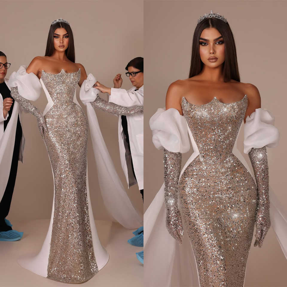 Fashion Mermaid Wedding Dresses For Women Removable Sleeves Gown Sequins Sweep Train Customized Dress