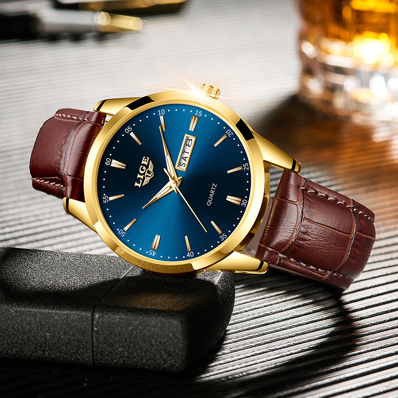 LIGE Classic Quartz Watch Three Pin Double Calendar Ultra Thin Dial Business Men's Watch Waterproof Watch