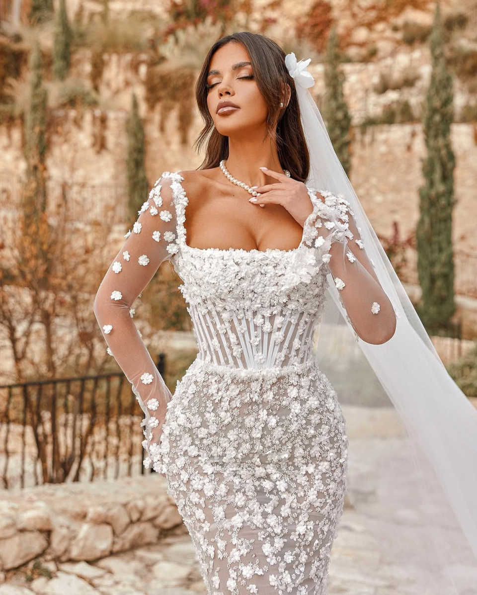 Mermaid Wedding Dress with Square Collar, Long Sleeves, 3D Appliques & Detachable Train - Customizable, See Through
