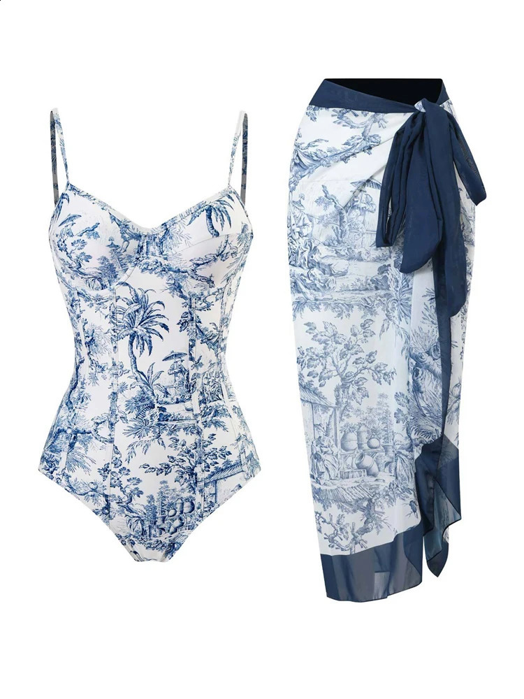 Retro Printed Womens Swimsuit Trend High Waisted Bikini Set One Piece Swimwear Tummy Control Banthing Suit with Cover Up 250109