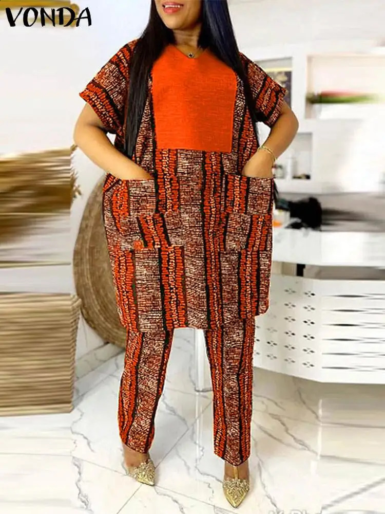 VONDA Plus 5XL Womens Elegant Pants Set 2024 Printed Patch Work Clothes Mens Retro Top and Wide Leg Matching 250122
