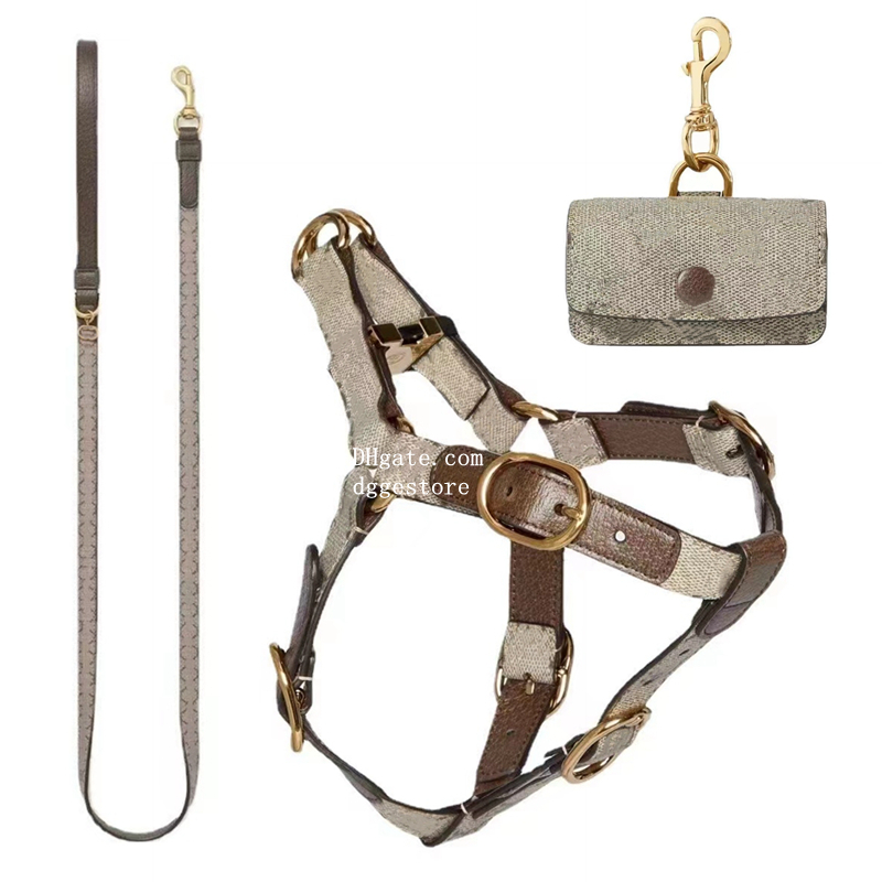 Designer Dog Harness Leash Set No Pull Dog Harness With Classic Letter Pattern No Chock Puppy Step in Vest Harness Leather Lightweight Pet Harness for Small Dogs M B162