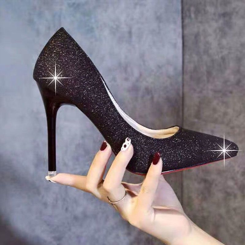 33-45 Extra Large Professional Work High Women's Wedding Shoes Shallow Mouth Fine Heels Sparkle Pointed Sexy Crossdressing Fake Girl