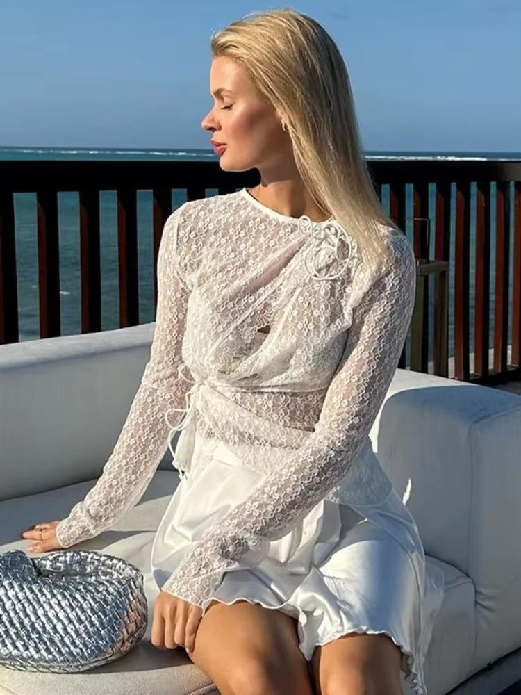 TARUXY New Long Sleeve Lace Hollow Cardigan Top Sexy Through Slim Fit Hot Girl Bandage Solid Color Female Club Party Y2k T Shirt