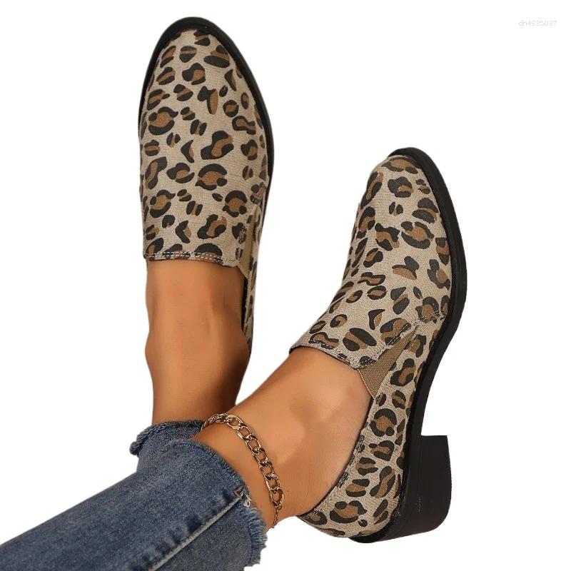 Dress Shoes Spring And Autumn Fashion Women's Loafers Large Size Casual Medium Heel Pointed Toe Leopard Print Color Slip-On zhanyishengli