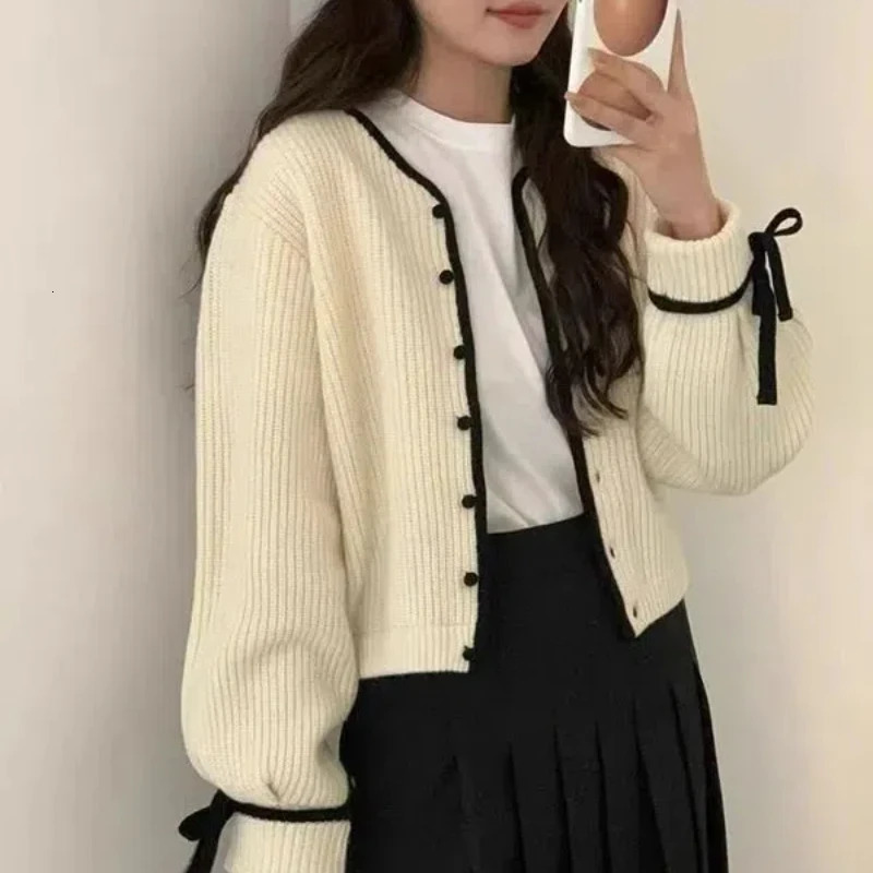 Vintage Sweet AutumnWinter Sweaters Coat Womens ONeck Bow Button Korean Fashion Casual Long Sleeve Cardigan Knitted Tops 250109Z