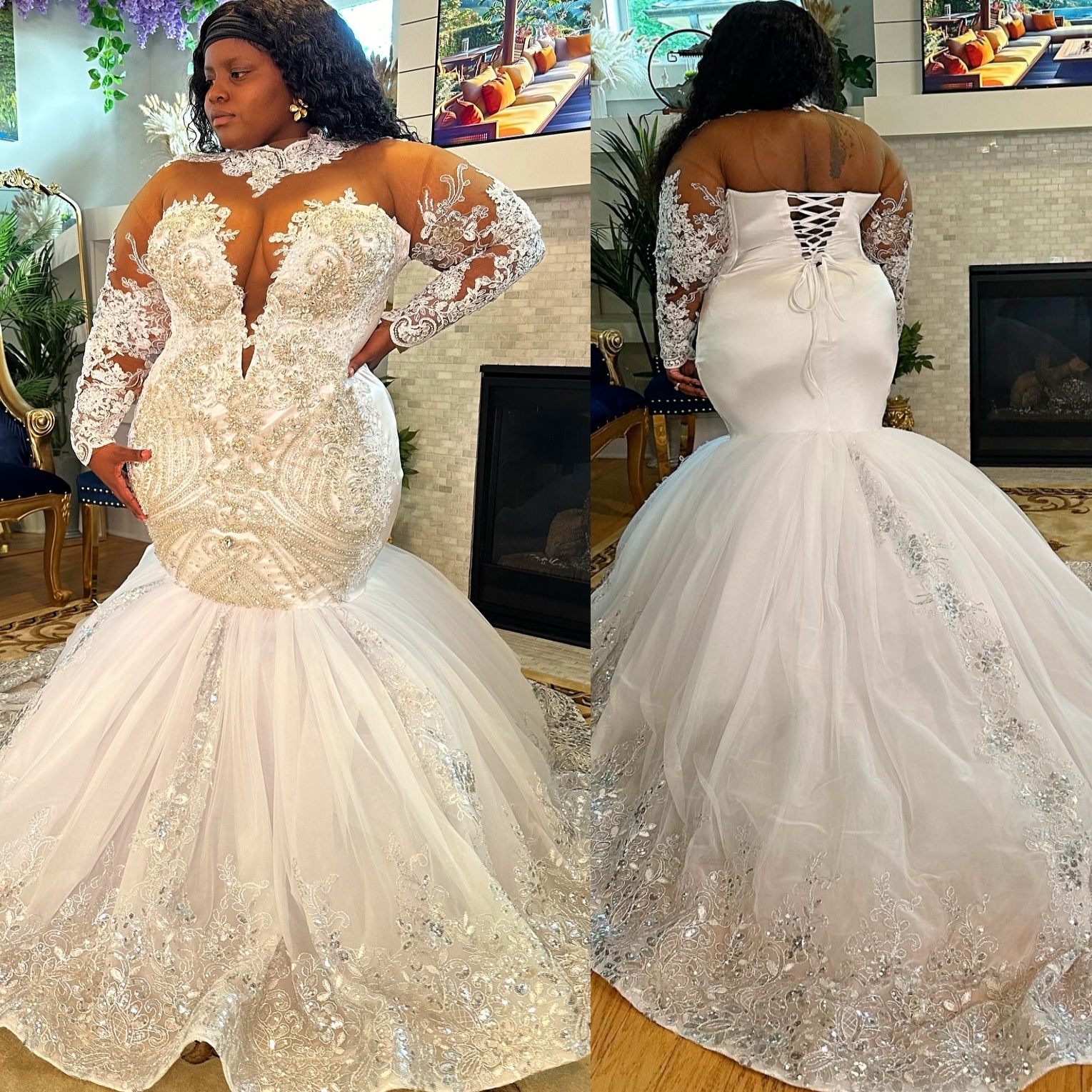 2025 Arabic Aso Ebi Plus Size Ivory Wedding Dresses Lace Crystals Beaded Sheer Neck Vintage Bridal Gowns Dress For Bride