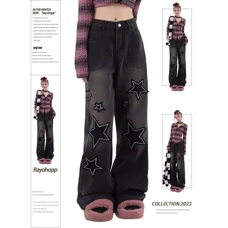 Harajuku Casual Star Graphic Patch High Waisted Jeans Straight Retro Loose Jean Wide Leg Mopping Black Pants Street 250115m