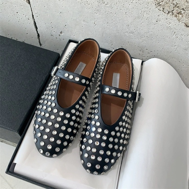 High Edition 2024 New Genuine Leather Round Head Water Dia Rivet Mary Jane Single Women's Flat Bottom Comfortable Ballet Dance Shoes 250305