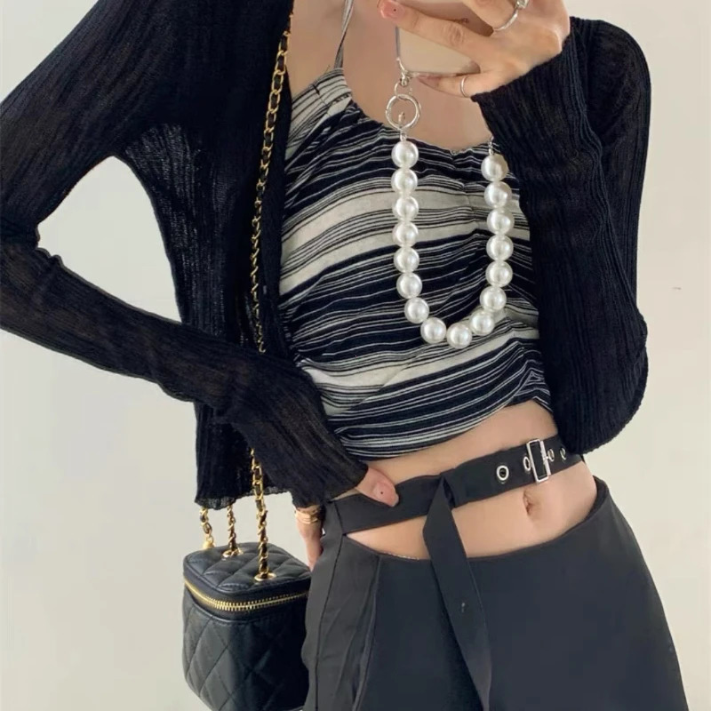 Womens Sunscreen Cardigan VNeck Thin Casual LongSleeved Solid Blouse Tops for Woman Summer Black White Y2K Shirt 250109Z