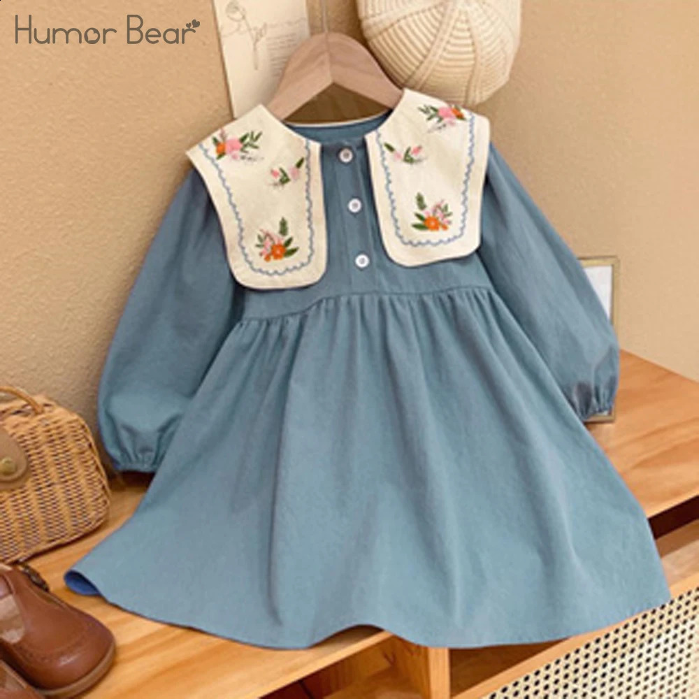 Humor Bear Blue Long Casual Dress Embroidered Kid Clothes Girl Graceful Sleeve Lapel Children Dress 250120
