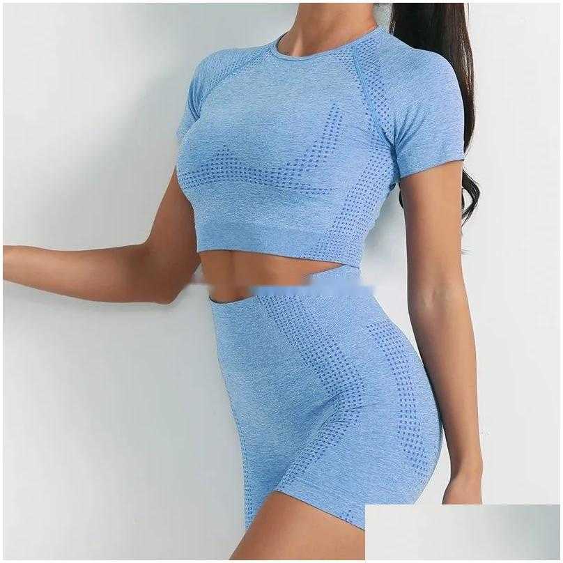 2025--Outfit Sets 2 Piece Set Tshirt Shorts Womens Seamless Women Leggings Belly Control High Waist Sweatpants Fashion Ladies Running