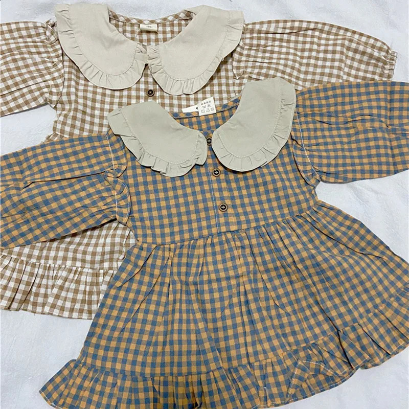 Spring Summer Girls Clothing Cute Children Dresses Kids Baby Girl Plaid Cotton Linen Lapel Collar Dress Long Sleeve Skirt 250120