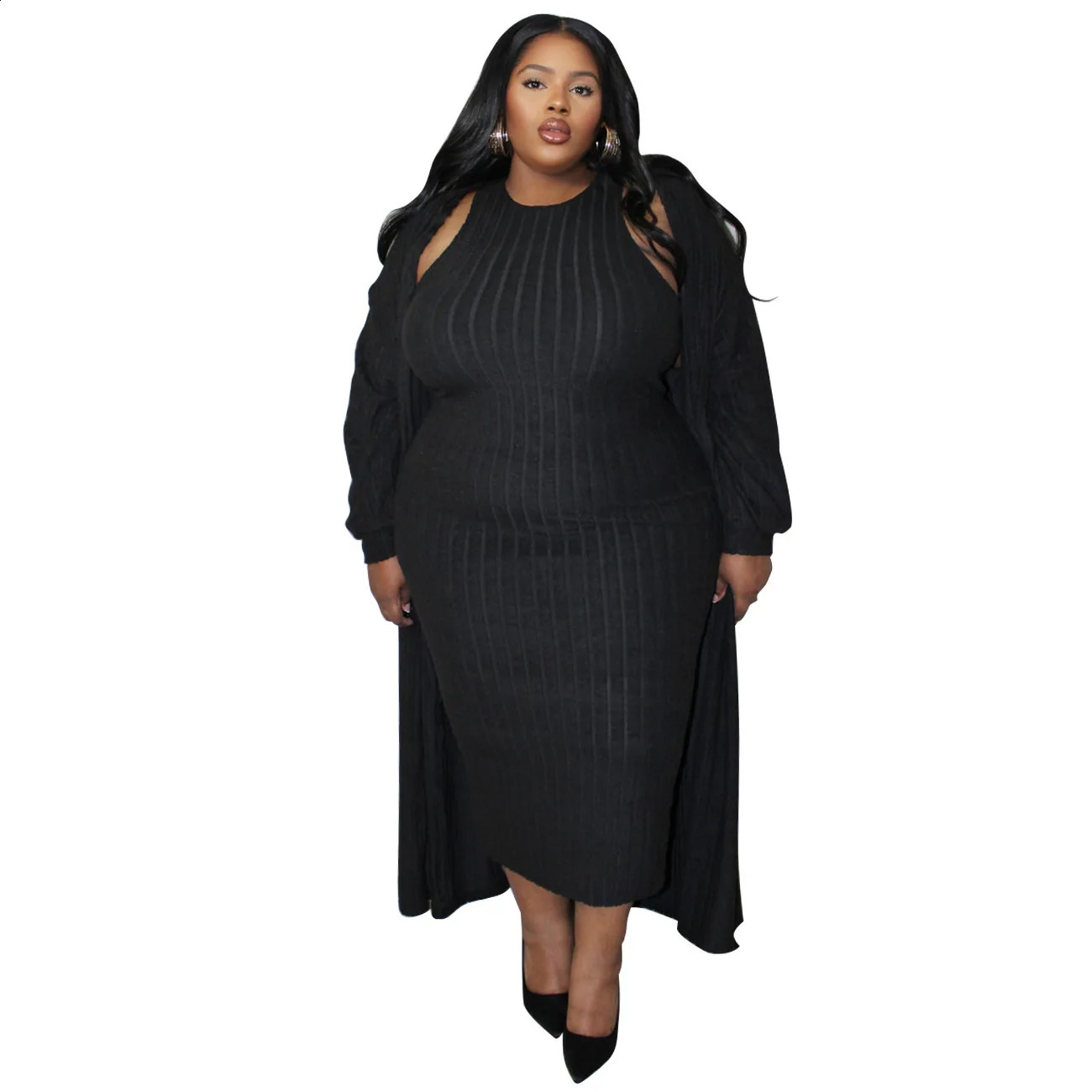 Plus Size Casual Solid Two Pieces Set Spring Winter Ribbed Long Sleeve Cardigan Sleeveless Dress 2 Oversized Suits 250122