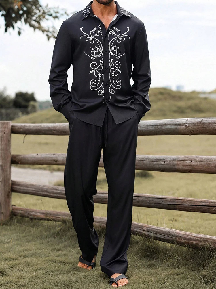 Trendy Mens Loose Two Piece Suits Vintage Pattern Printed Long Sleeve Shirt And Pants Sets Men 2025 Spring Autumn Casual Outfits 250109