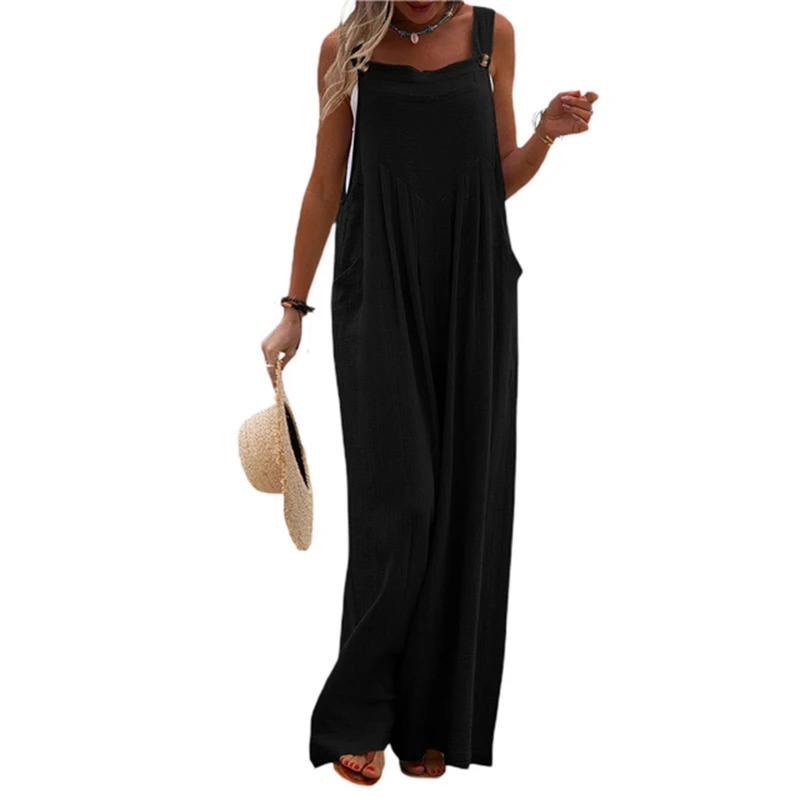 Plus Size Suspender Jumpsuit Casual Solid Color Wide Leg Pants For Women Rompers Button Strap Romper Holiday Beach Overalls 250113