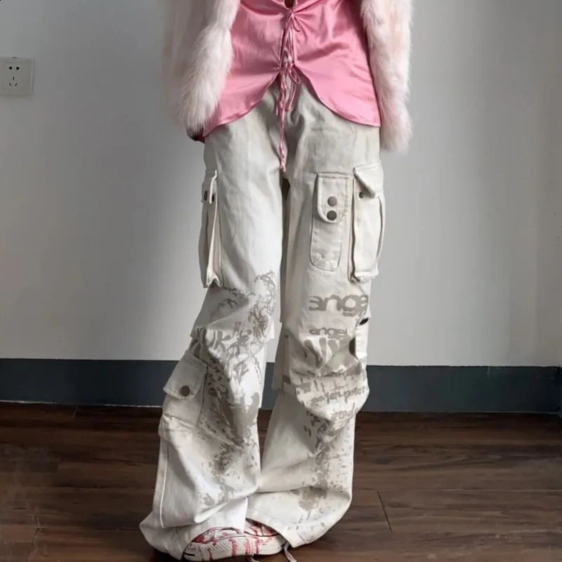 American style distressed dirty washed pleated high waisted jeans for women spring street straight slimming cargo pants