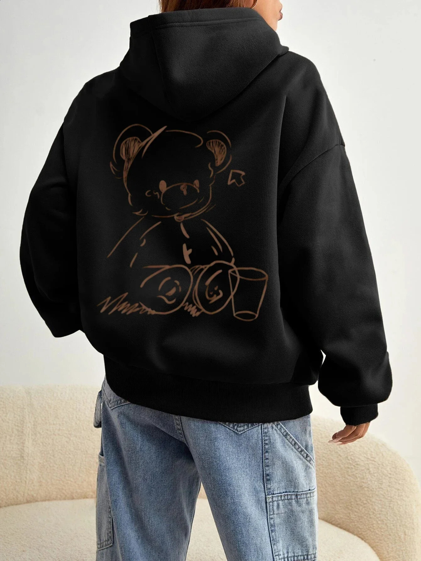 Cute Bear Back Print Women Hoodies Loose Hoodie Autumn Winter Hooded Pullover Streetwear Fashion Unisex Sweatshirts Tops 250121