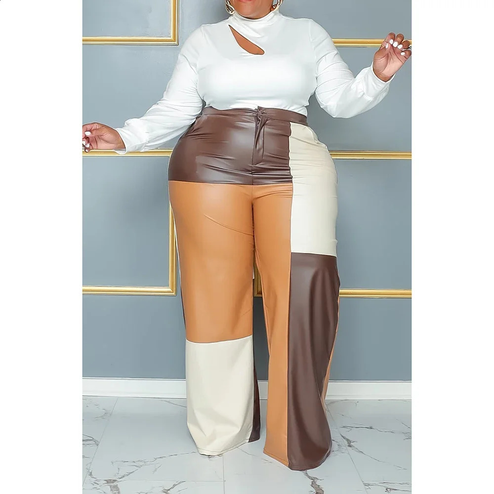 Plus Size Womens Pant Suit Brown Tunic Patchwork PU Leather Fashion Commuting Two Piece 250122