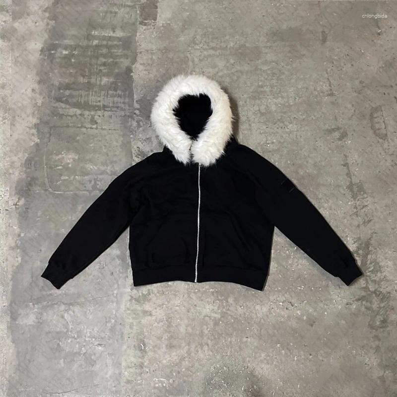 Men's Hoodies Zip Up Hoodie Solid Color Plush Coat Men Clothes Fur Collar Hip Hop Streetwear Harajuku American Style Hooded Sweatshirt