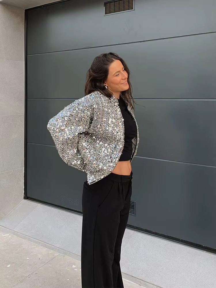 2025 Elegant Fashion Sier Sequin Zipper Jacket Woman Loose Round Neck Long Sleeved Jackets New Lady Chic High Street Outerwear