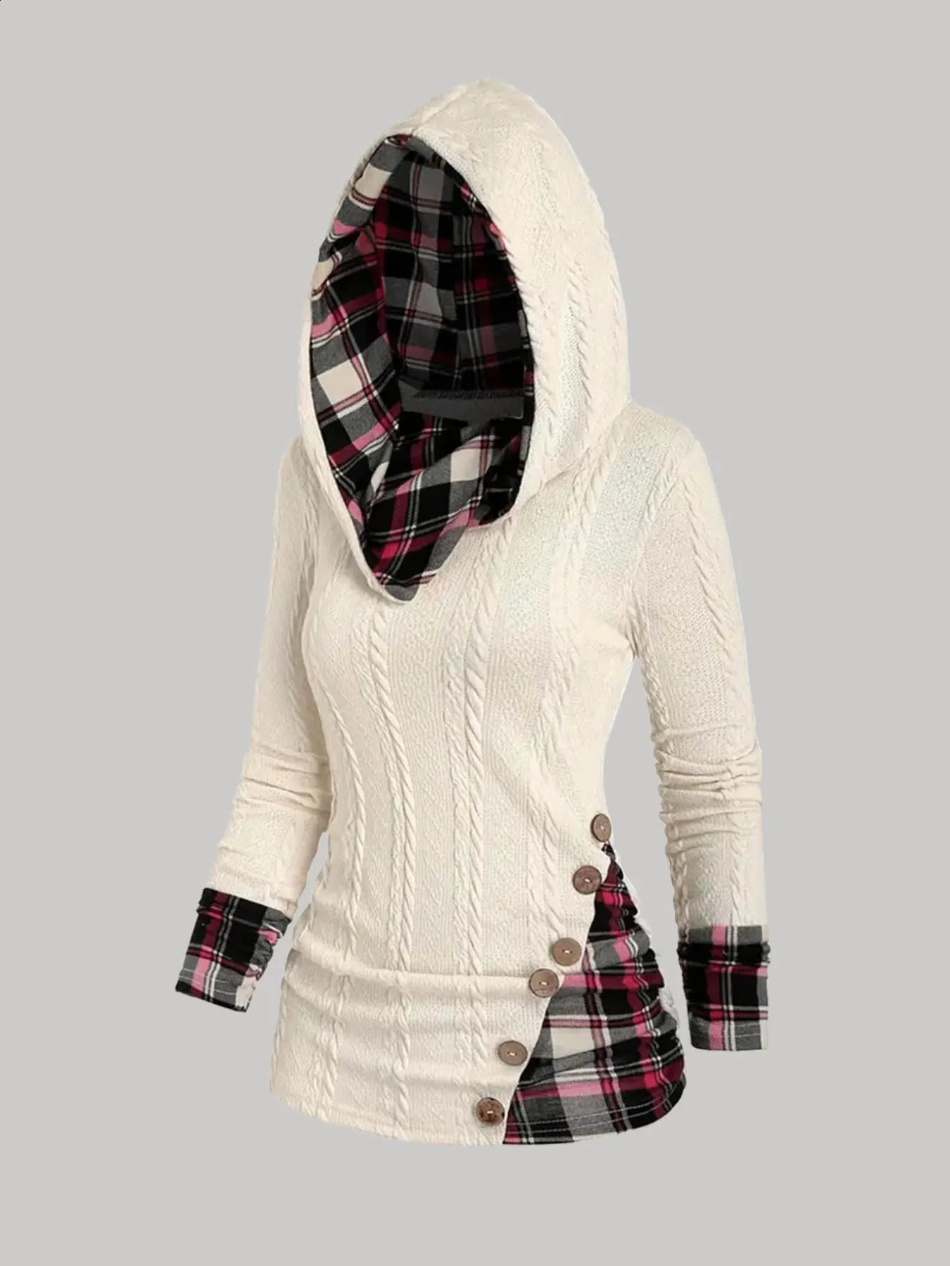 Plus Size Womens Suit Hooded Sweatshirts Colorblock Plaid Print Hoodie Drawstring Textured Tops Long Pants Twopiece Set 250122