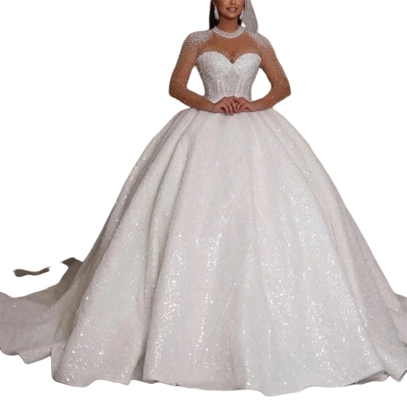 Sparkly Sequined Ball Gown Wedding Dresses Beaded Long Sleeves Jewel Neck Princess Bridal Gowns Court Train Luxurious Arabic African Bride Dress 2025 