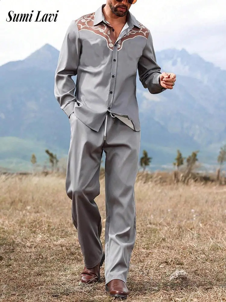 Trendy Mens Loose Two Piece Suits Vintage Pattern Printed Long Sleeve Shirt And Pants Sets Men 2025 Spring Autumn Casual Outfits 250109