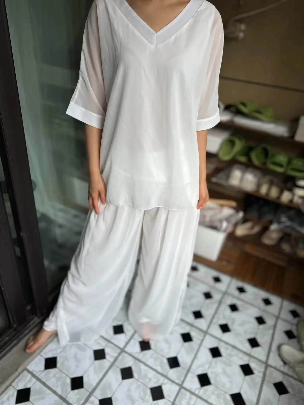 2025 Spring Chiffon Women Rompers V-neck Short Sleeve Loose Wide-Leg Rompers Female Summer Elegant Casual Trendy Ladies Clothes 250116
