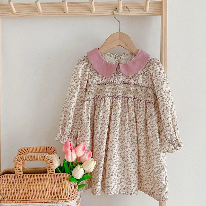 Girls Clothes Autumn Smocking Dress Floral Childrens Set Outerwear Outfits Spring Kids Clothing Baby Girls Princess Dress 250120