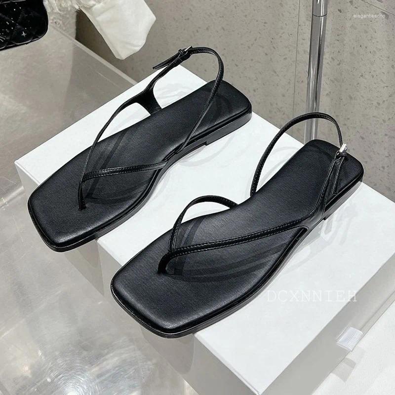 2025 S Fashion Designer Sandals Free Shipping Women Genuine Leather Square Toe Narrow Band Black Sandals Straprunway Summer Sexy Party Dress Shoes