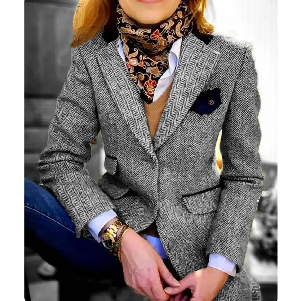 Only Jacket 1 Piece Womens Outerwears Herringbone Blazer Set Lapel Flap Pocket Suits Outerwear Singlebreasted 250114