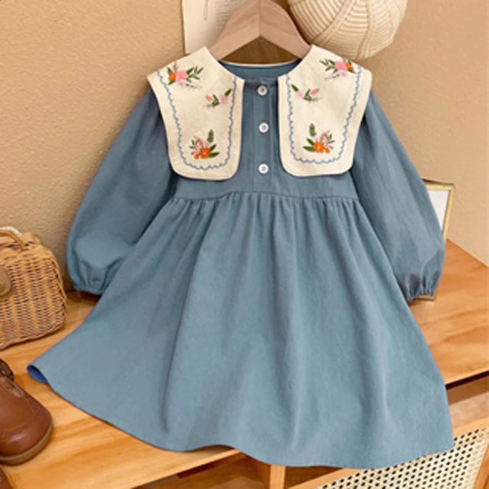 Humor Bear Blue Long Casual Dress Embroidered Kid Clothes Girl Graceful Sleeve Lapel Children Dress 250120