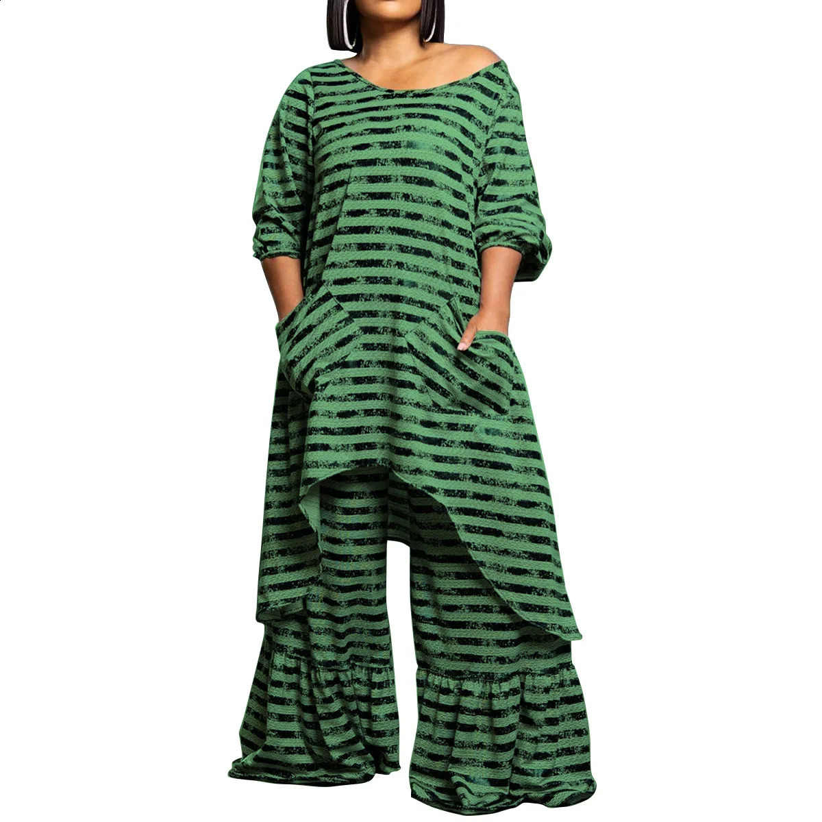 Plus Size Striped Two Piece Pant Set Irregular Long Shirt Casual n Loose Outfit 2024 Autumn Women Large Matching Sets 250122