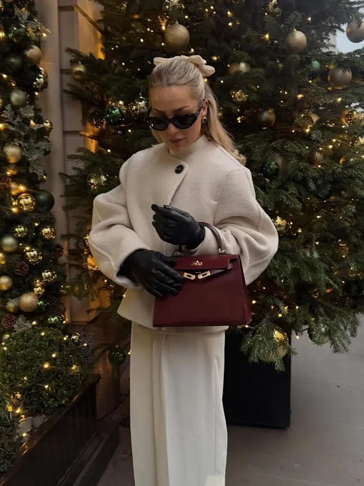 Elegant Solid Wool Blend Round Neck Short Coat Women Fashion Long Sleeve One Button Jacket 2025 Lady Commute Street Outwear 250109