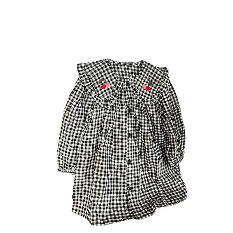 Girls Dress big collar cherry plaid dress princess Dress spring and autumn style Clothes 250120